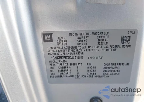 2012 Chevrolet Traverse 1Lt z USA, uszkodzony, nr VIN 1GNKRGEDXCJ241069